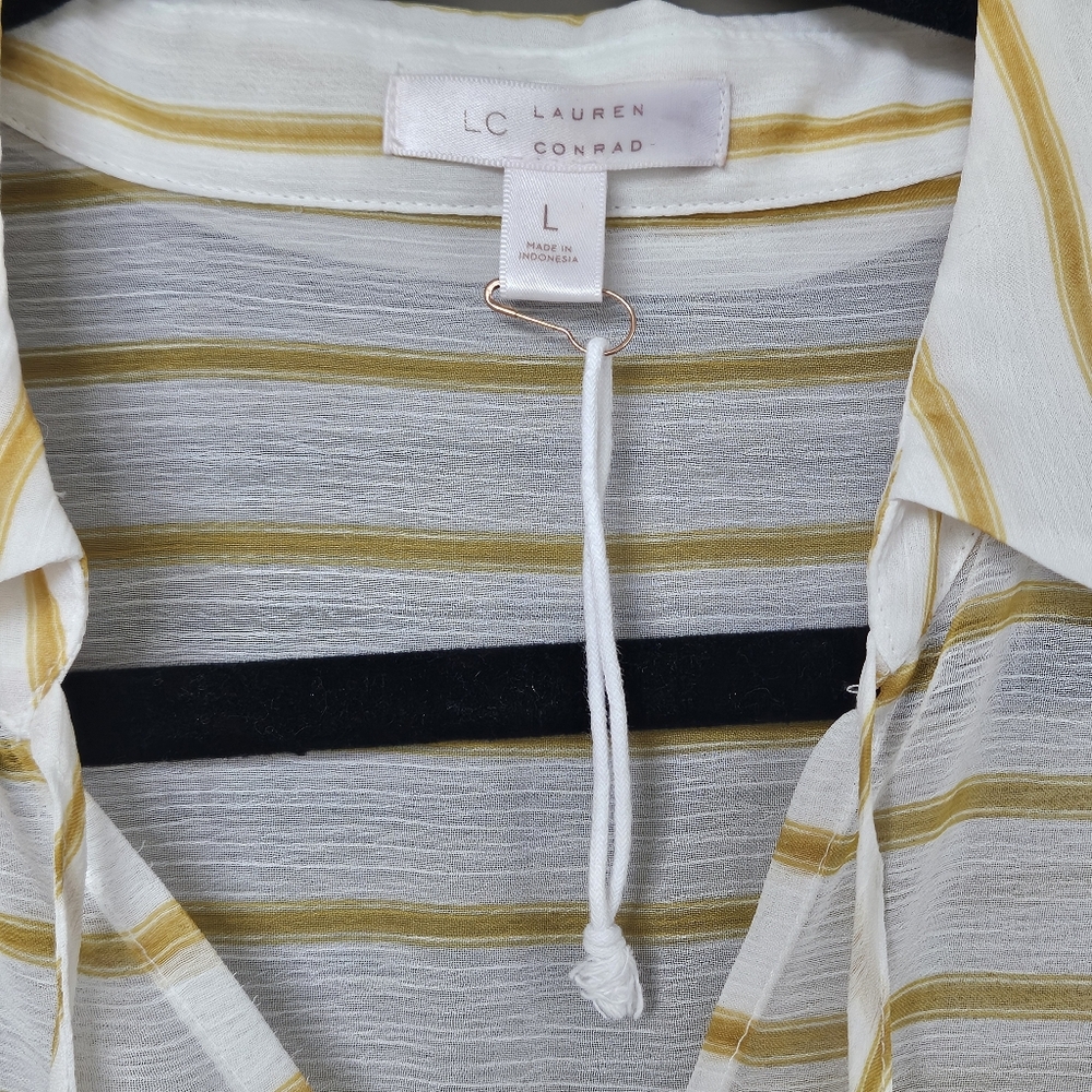 LC Lauren Conrad Pleated Chiffon Shear Marigold and Cream Striped Blouse Large - Picture 6 of 7